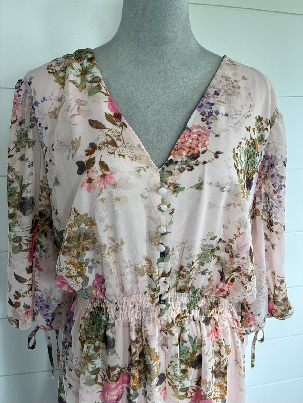 Taylor Floral Chiffon A-Line Dress 22W Pink Knee Length V-Neck Balloon Sleeve - Picture 4 of 11